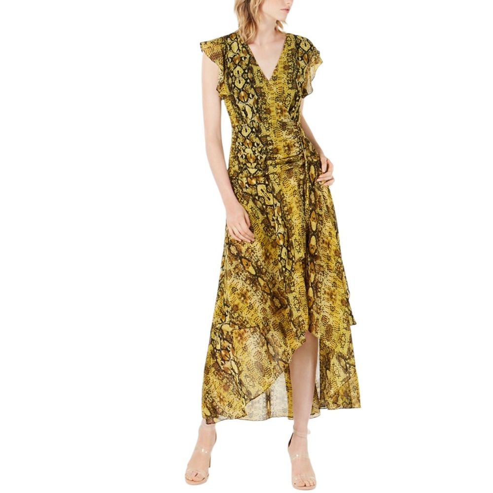 Bar III Ruched Python Print High-Low Faux Wrap Maxi Dress